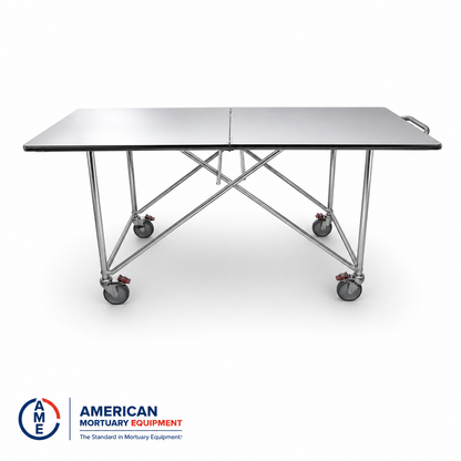 Side view of a folding mortuary dressing table with locking swivel casters and reinforced steel frame