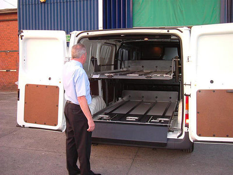 AME-DD-EX2 mid-size cargo van double-deck system front view — Mercedes-Benz Metris funeral van upfit