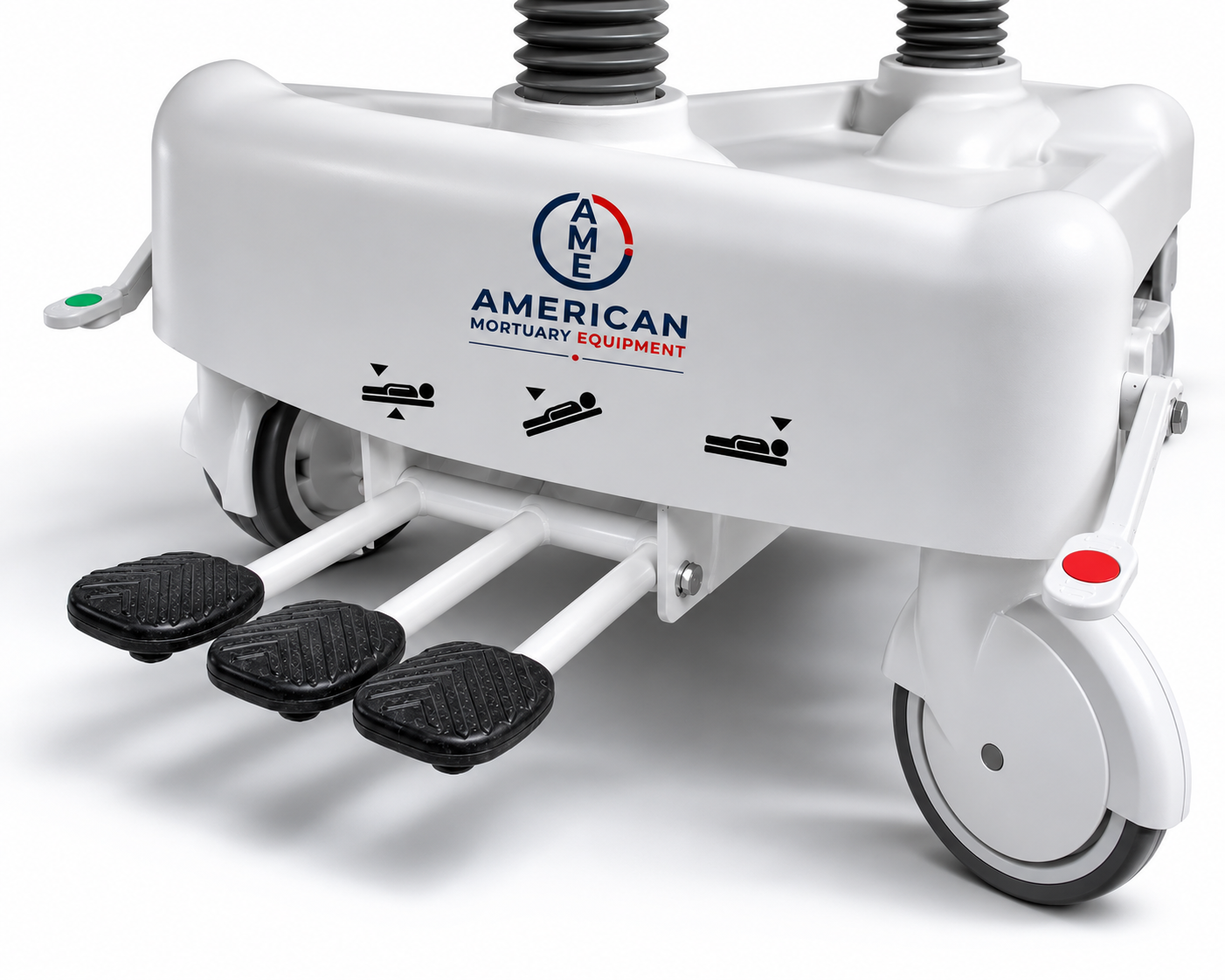 Three independent hydraulic foot pedals on the oversized embalming table for hands-free height and tilt control