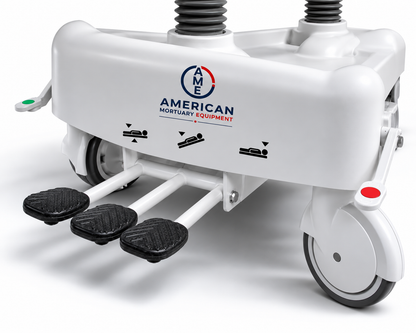 Three independent hydraulic foot pedals on the oversized embalming table for hands-free height and tilt control