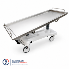 American-made oversized hydraulic embalming table, 850 lb bariatric stainless steel prep table with foot-pedal height control