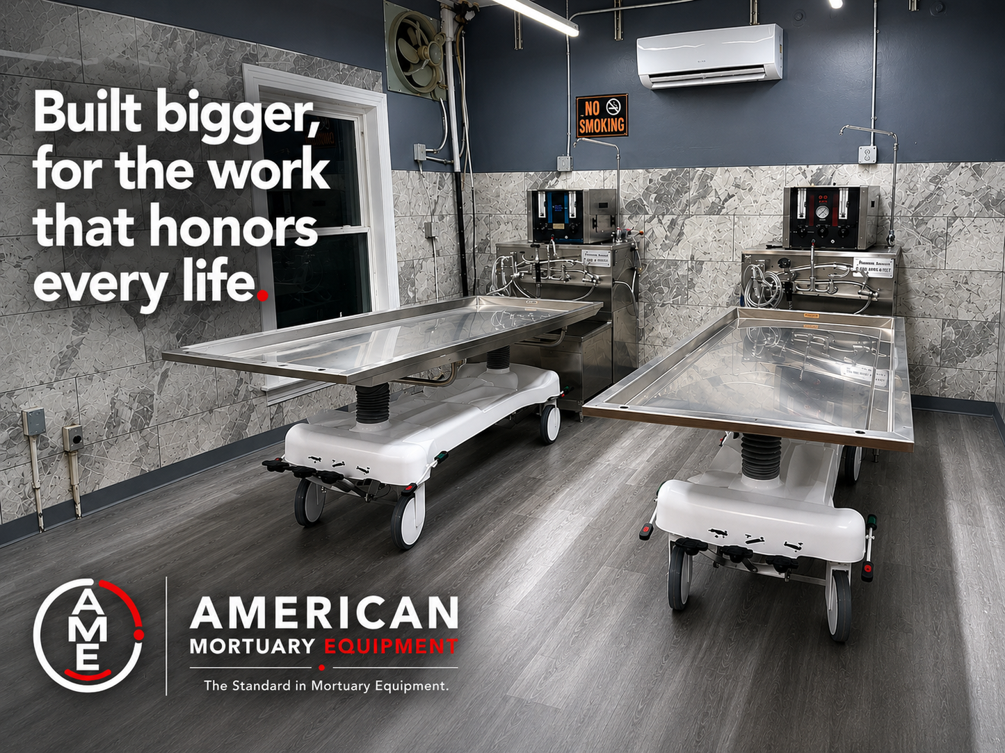 Two American-made oversized hydraulic embalming tables shown together — 850 lb bariatric stainless steel prep tables, 2-pack bundle