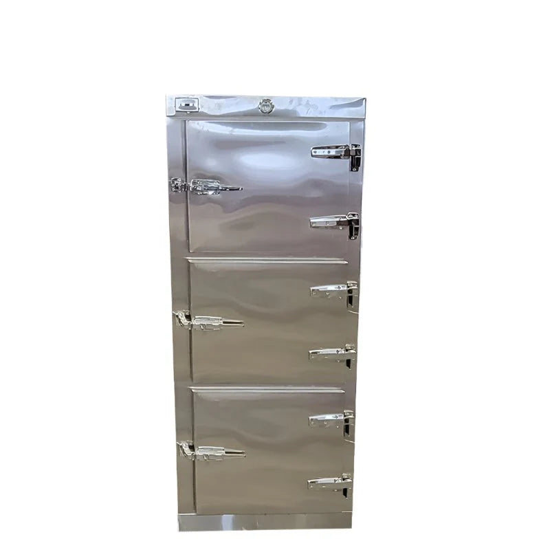 Multi-tier morgue cooler with stainless steel overlapping doors, hinges and latches, ready for set attachment.