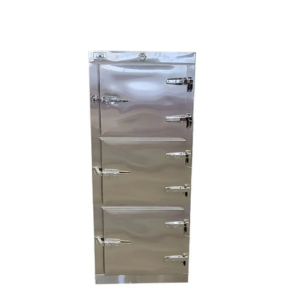 Multi-tier morgue cooler with stainless steel overlapping doors, hinges and latches, ready for set attachment.