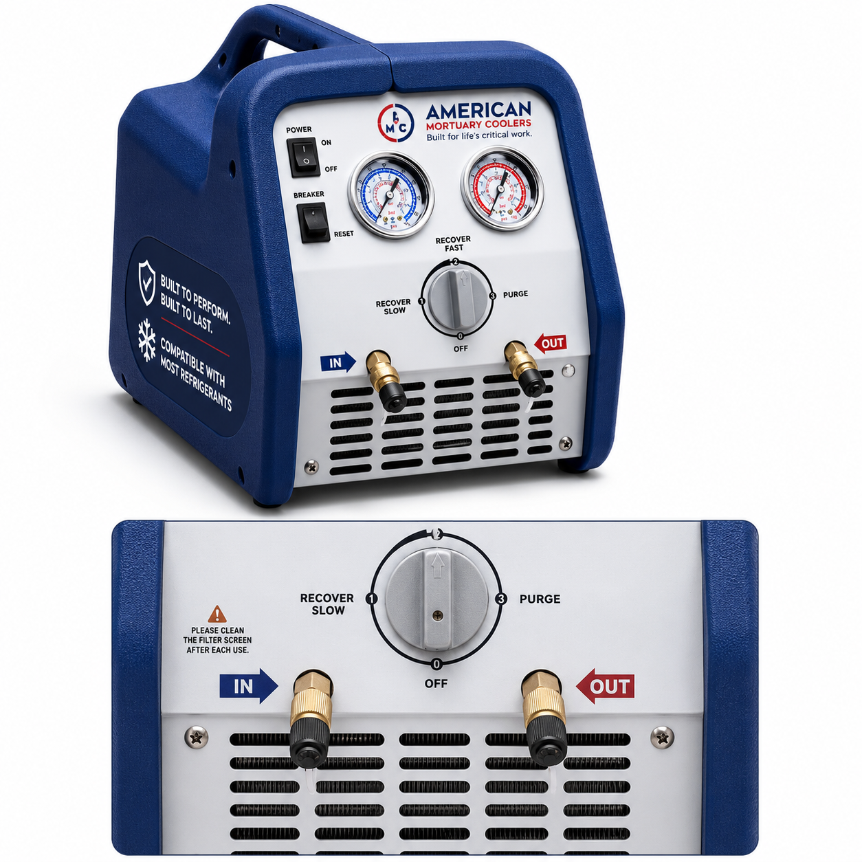 AMC refrigerant recovery machine showing input and output service ports.