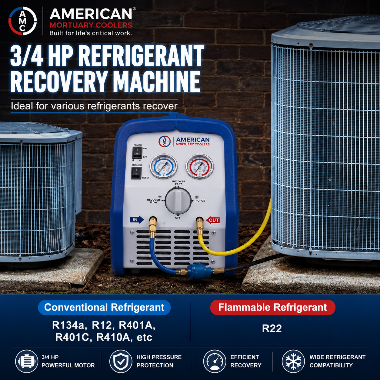 AMC refrigerant recovery machine control panel with pressure gauge and purge knob.