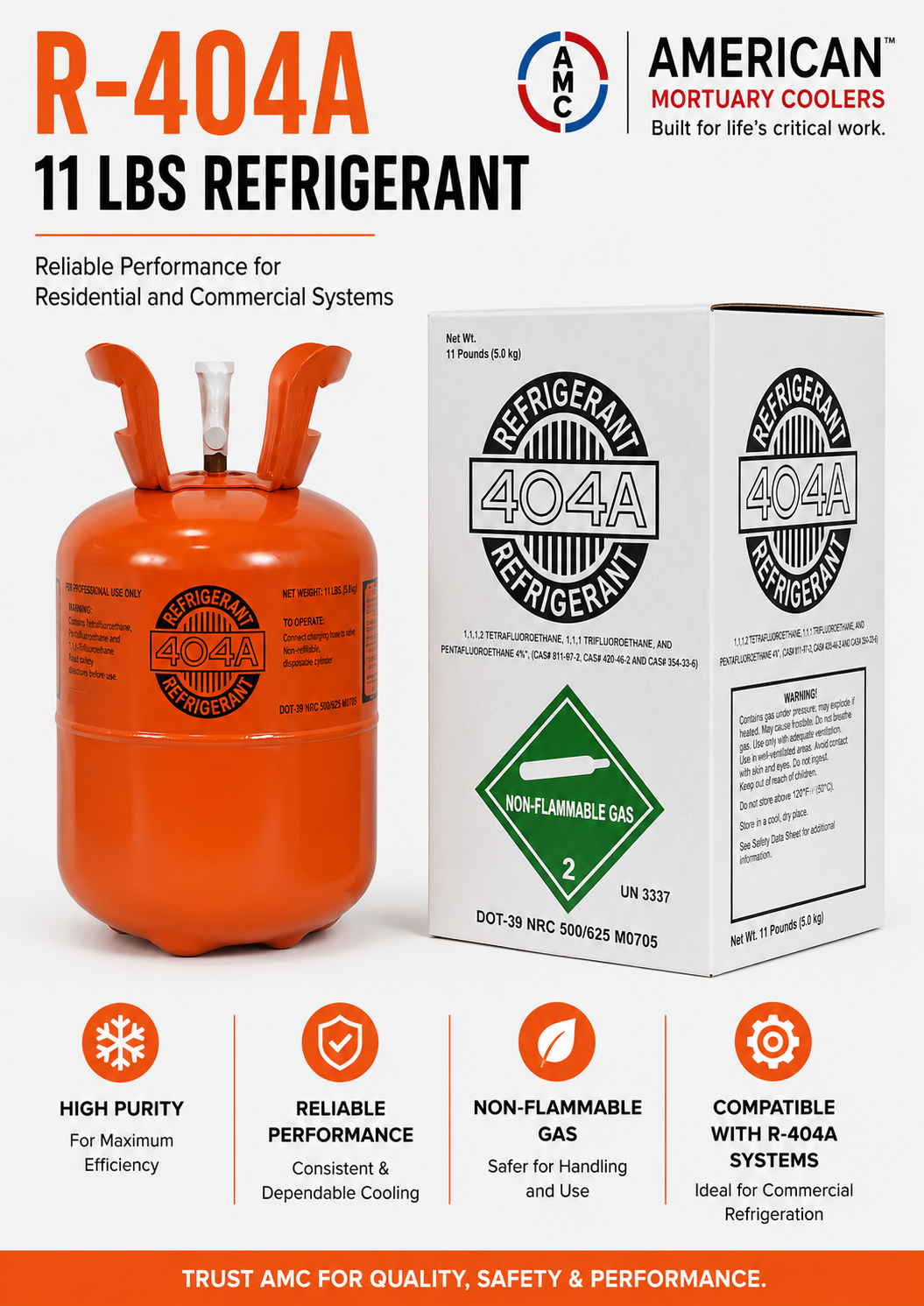 AMC R-404A 11 lb refrigerant cylinder with retail box for commercial refrigeration.