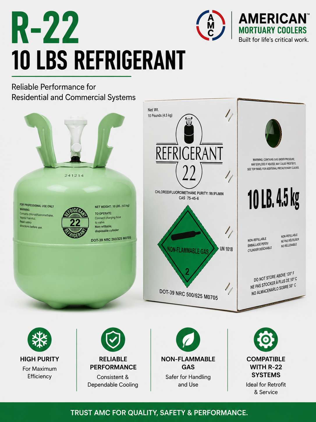 AMC R-22 10 lb virgin HCFC-22 refrigerant cylinder with retail box for legacy HVAC systems.
