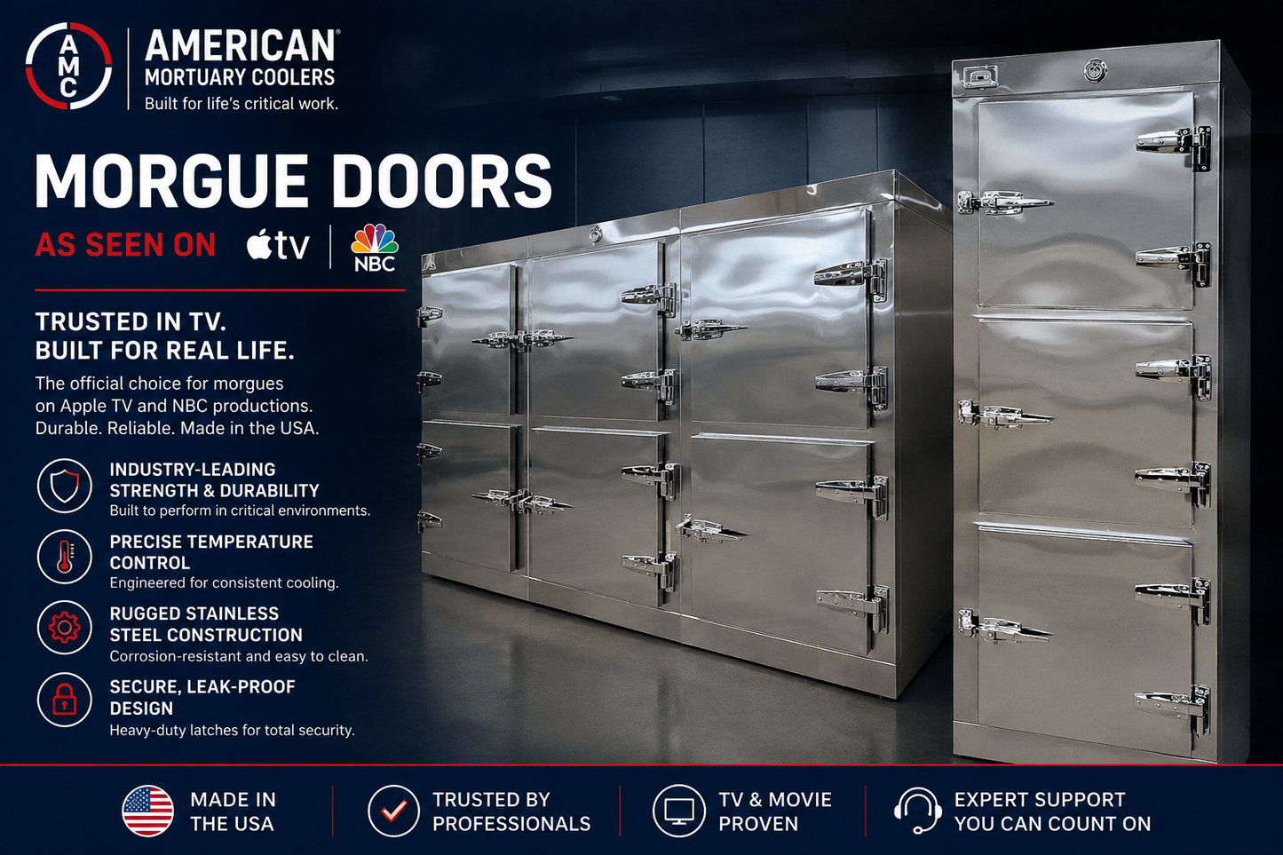 AMC TV and movie set morgue doors, polished stainless steel multi-door morgue cooler for film and television production.
