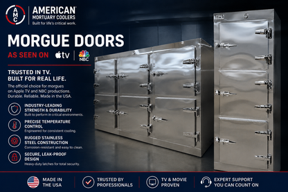 AMC TV and movie set morgue doors, polished stainless steel multi-door morgue cooler for film and television production.