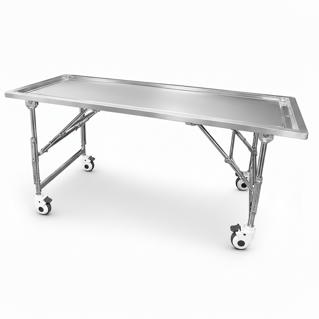 Economy Multi-Height Folding Embalming Table | adjustable-height 304 stainless prep table that folds flat for storage | American Mortuary Coolers