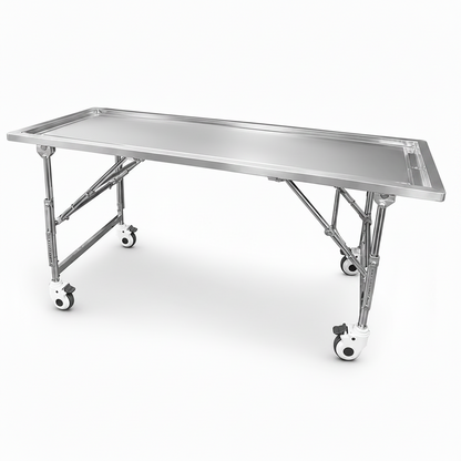 Economy Multi-Height Folding Embalming Table | adjustable-height 304 stainless prep table that folds flat for storage | American Mortuary Coolers