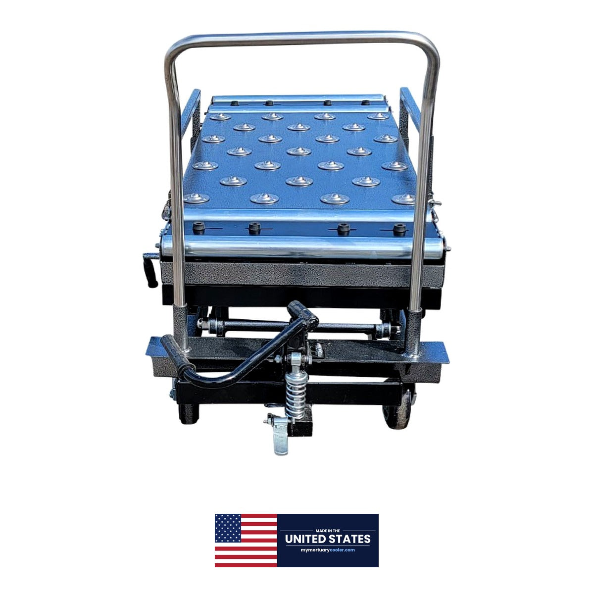 Manual hydraulic mortuary scissor lift platform detail, welded steel frame morgue body lift, American-made