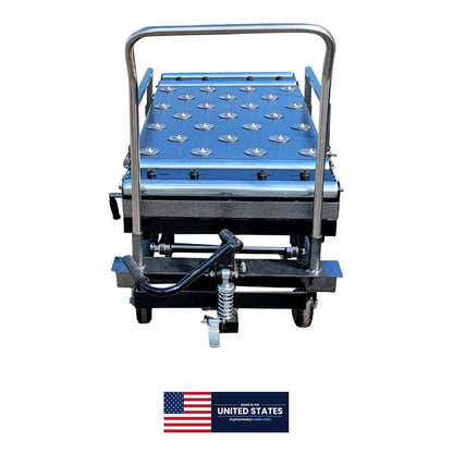 Manual hydraulic mortuary scissor lift platform detail, welded steel frame morgue body lift, American-made