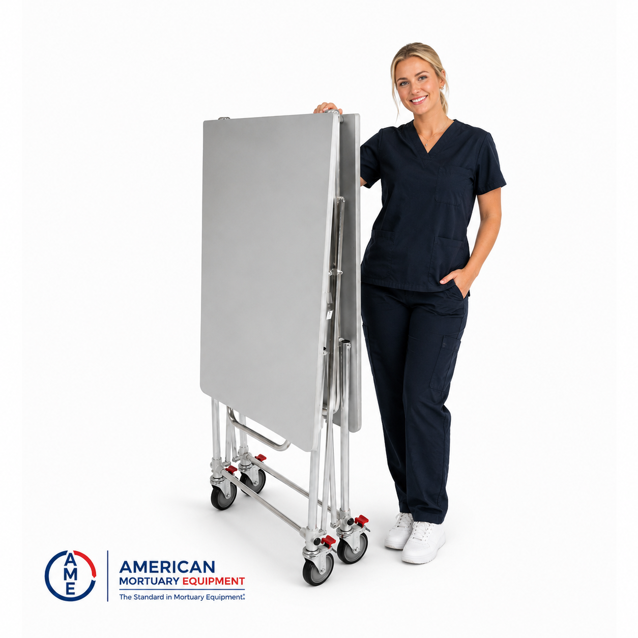 Mortuary professional positioned at an American-made folding dressing table in a preparation room