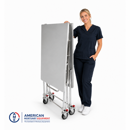 Mortuary professional positioned at an American-made folding dressing table in a preparation room