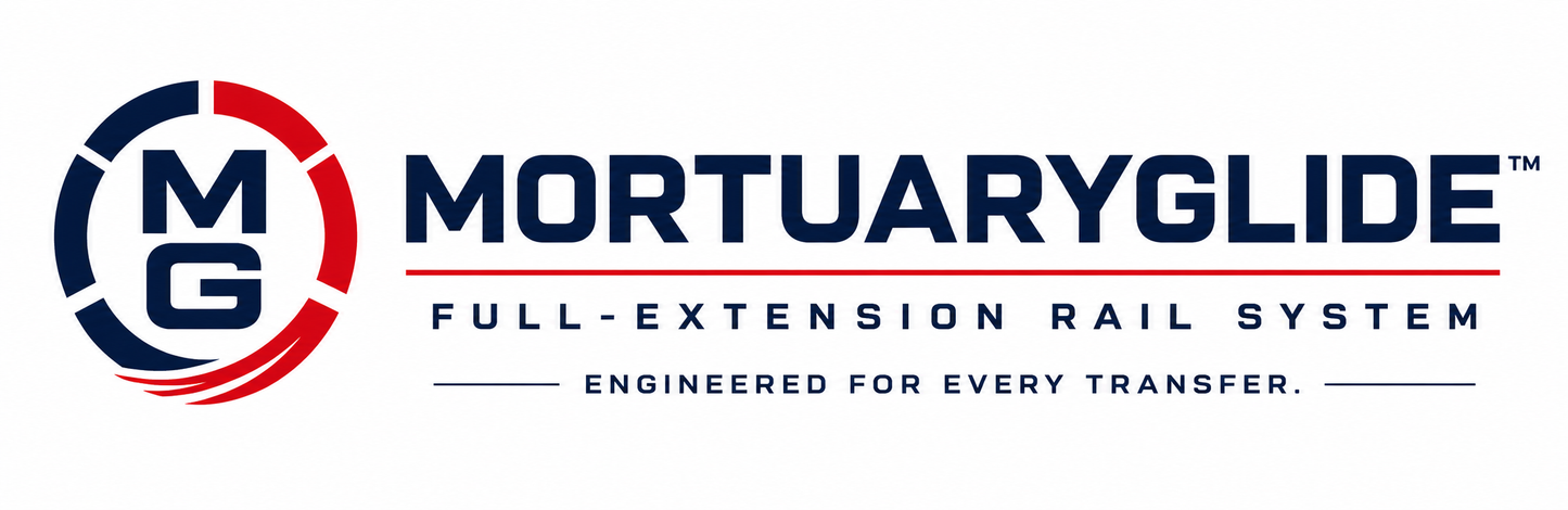MortuaryGlide™ Telescoping Rail System — featured on the 12-Body Vault Morgue Cooler by American Mortuary Coolers