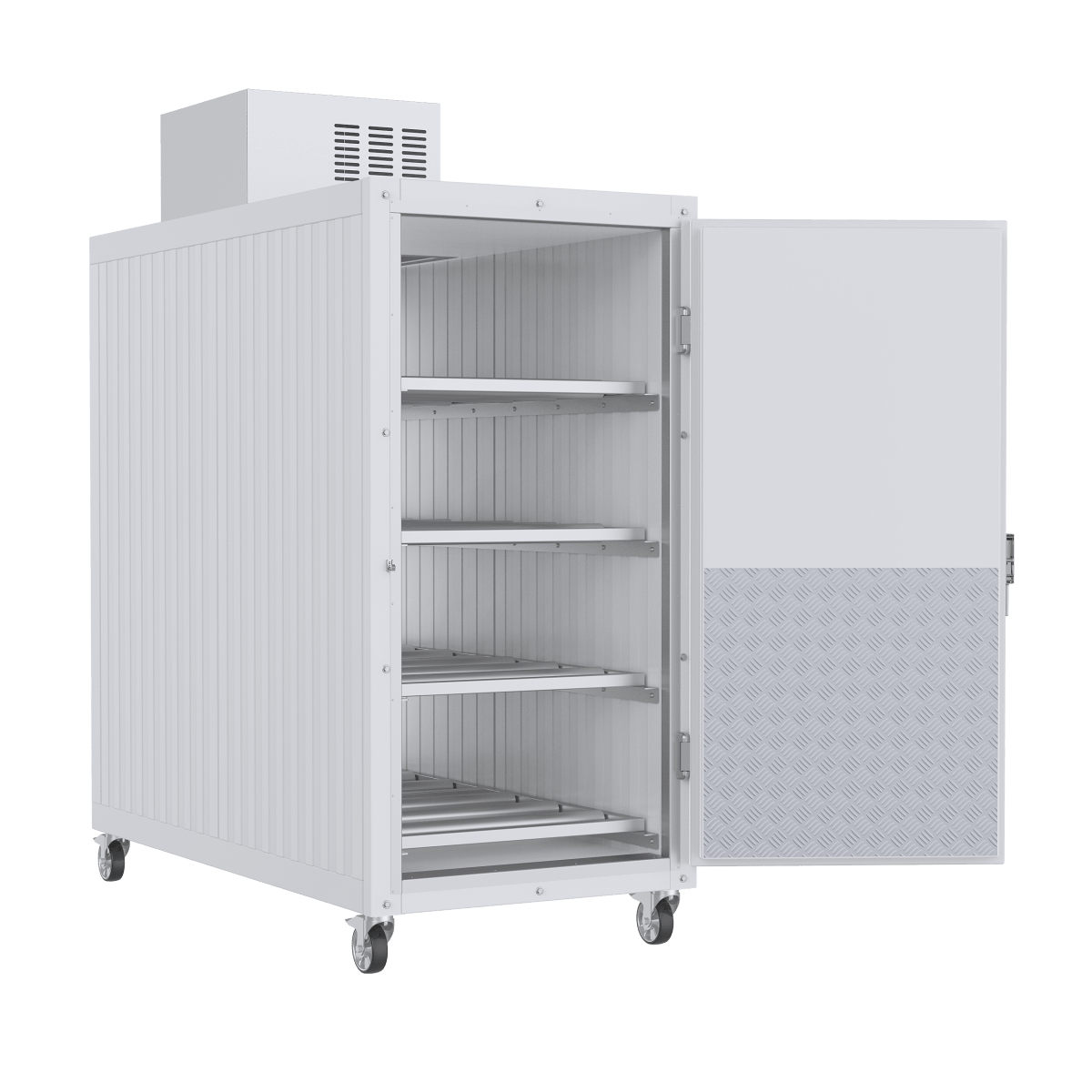Interior view of the Model 4BX mortuary cooler showcasing the 36-inch heavy-duty stainless steel 4-tier tray tracking system and interior rolling rack system.