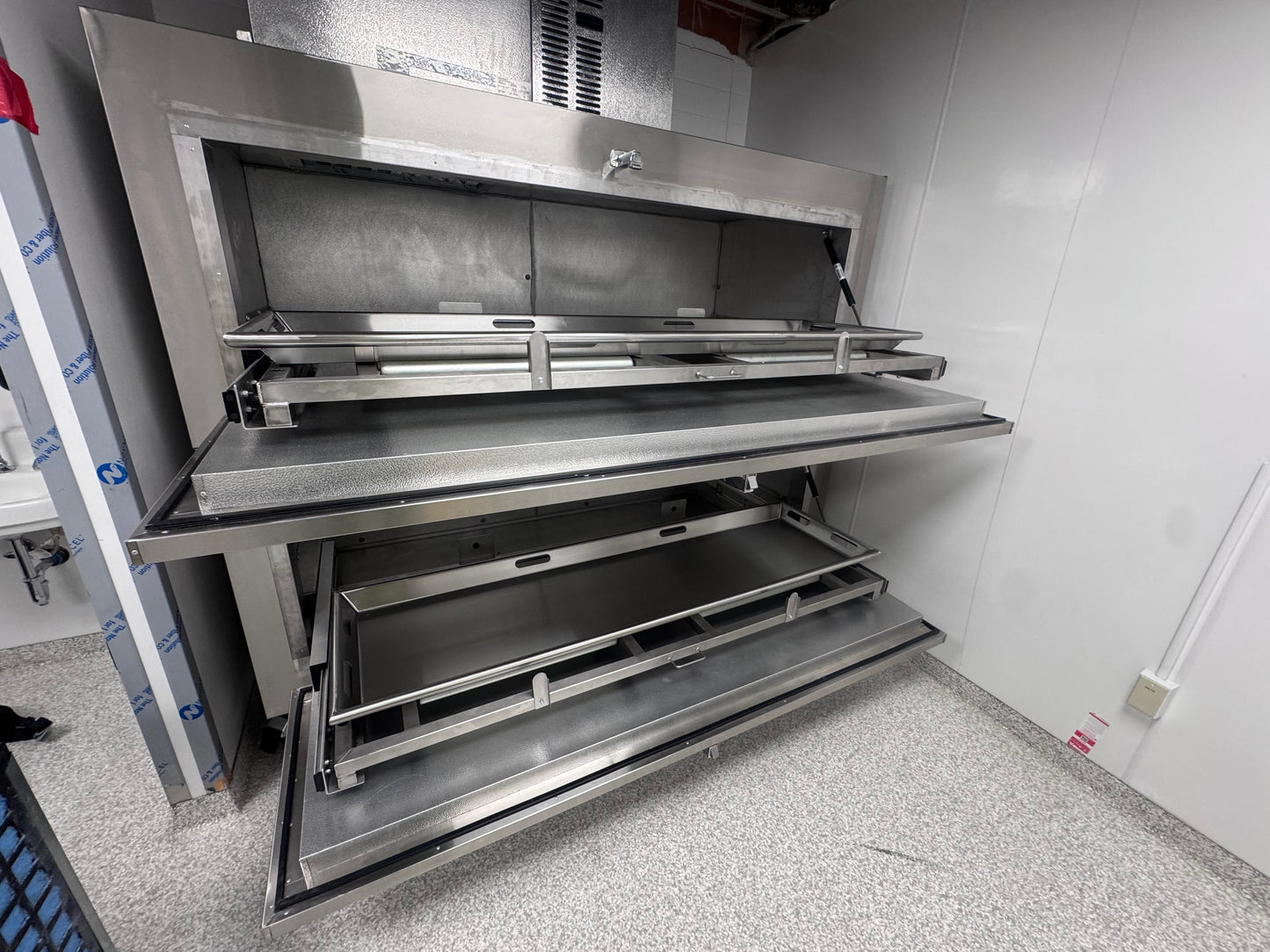 Model 1070-2MBS bariatric vault morgue cooler, full-extension telescoping tray rails