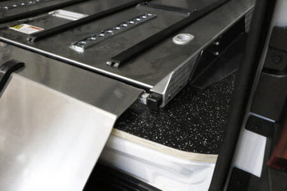 AME-SS150XLC oversize single-deck installed in full-size cargo van — American Mortuary Equipment bariatric first call deck system for Ford Transit Chevy Express GMC Savana and Mercedes Sprinter