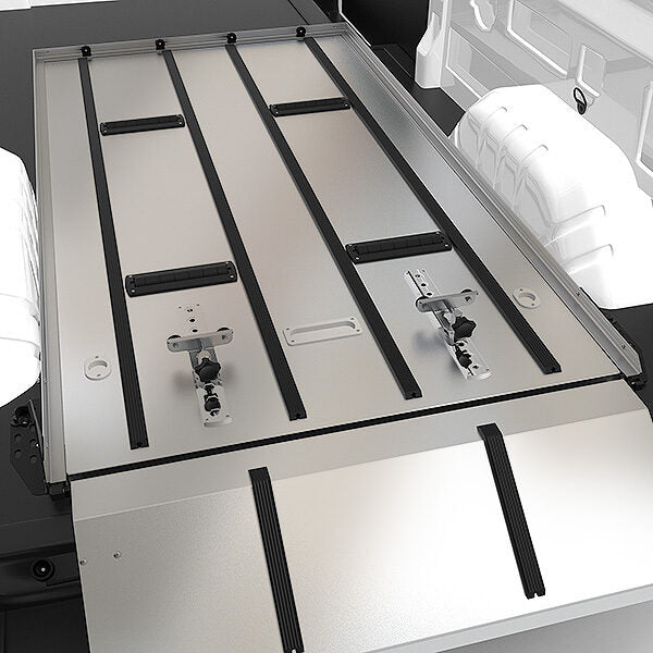 AME-SS150XLC oversize single-deck sealed aluminum deck surface — American Mortuary Equipment oversized cot and standard cot side-by-side transport system for full-size cargo vans