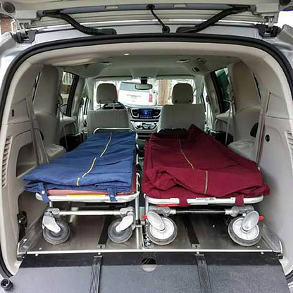 AME-SS150 sealed fiberglass deck surface with cot cups and bier pin — American Mortuary Equipment single-deck transport system for minivans cargo vans and SUVs