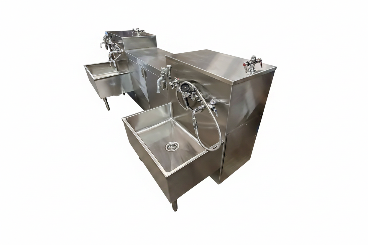 Embalming station cabinet and casework combo package, 2-station AME 1036-ESC36 with 36-inch adjustable-shelf stainless steel cabinetry, NSF standards, made in the USA by American Mortuary Coolers