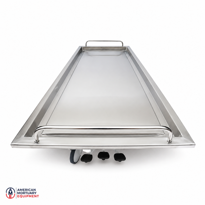 Oversized stainless steel hydraulic embalming table top with perimeter drainage trough, 850 lb bariatric prep surface