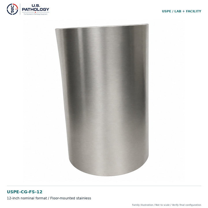 USPE 12-Inch Floor-Mounted Stainless Steel Corner Guard, 2-Pack, USPE-CG-FS-12, product-family illustration, not to scale