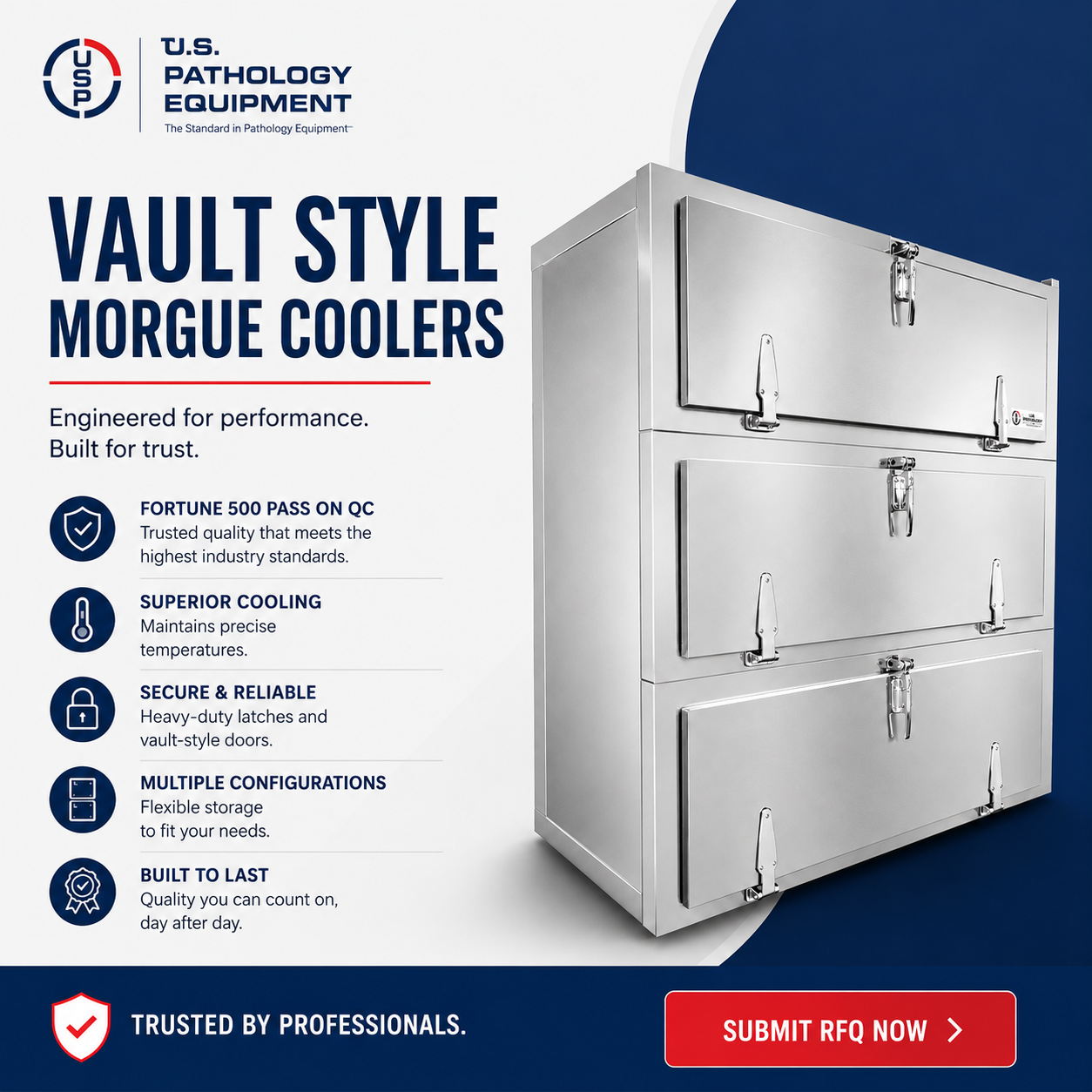 American Mortuary Coolers vault-style morgue cooler — stainless multi-bay cadaver storage for hospitals, morgues, and medical examiners, made in the USA