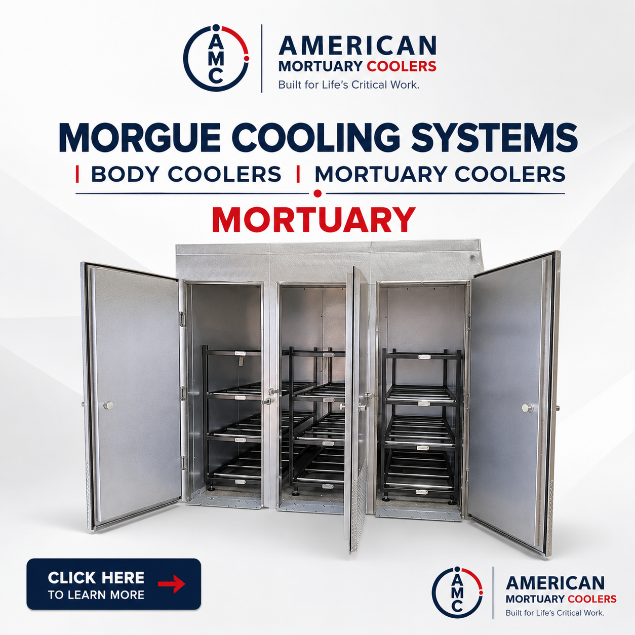 American Mortuary Coolers 12 body triple-door mortuary cooler — high-capacity upright cadaver storage marketing graphic
