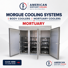 American Mortuary Coolers 12 body triple-door mortuary cooler — high-capacity upright cadaver storage marketing graphic