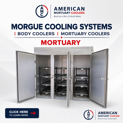 American Mortuary Coolers 12 body triple-door mortuary cooler — high-capacity upright cadaver storage marketing graphic