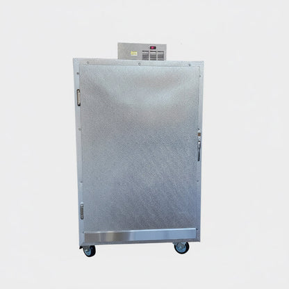 2 body upright mortuary cooler, door closed, top-mounted refrigeration unit and digital controller