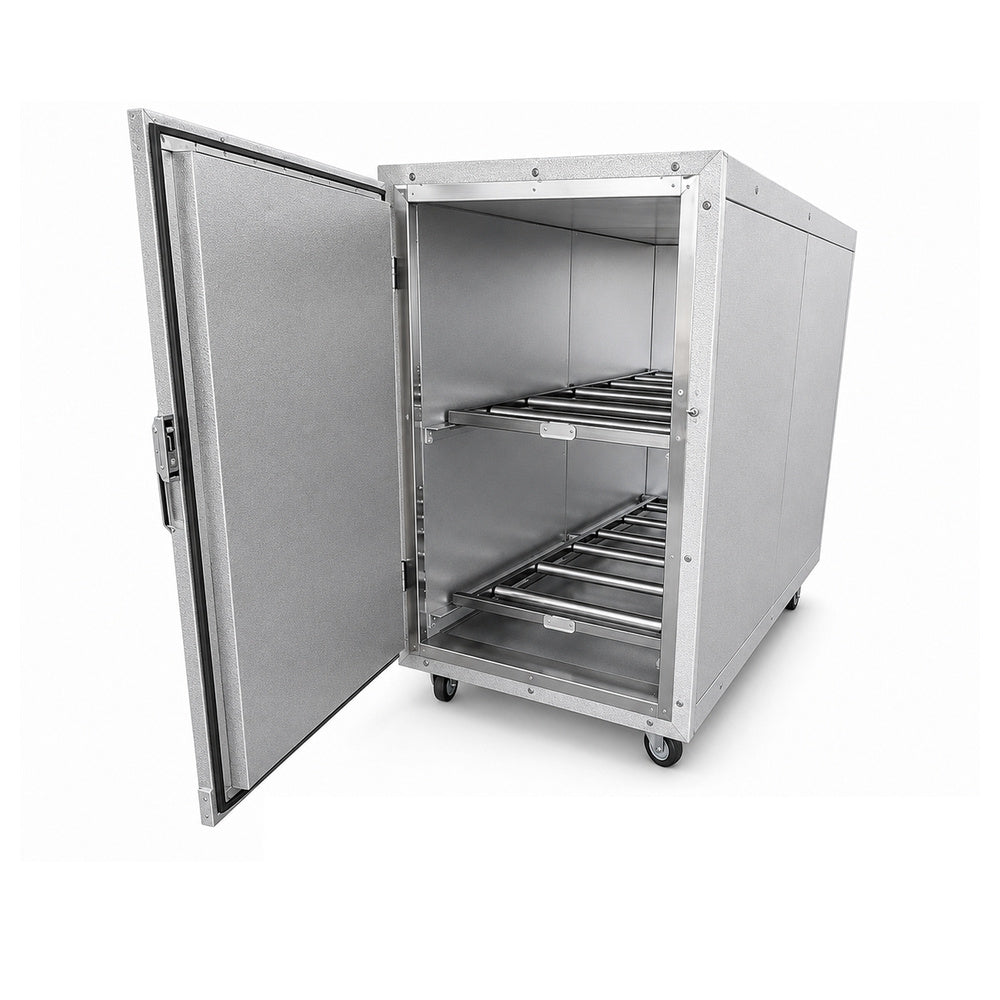 AMC 2B cabinet reference showing the installed door and jamb. Replacement door/jamb only; complete cooler, refrigeration and interior equipment are not included. Select the verified hinge handing.