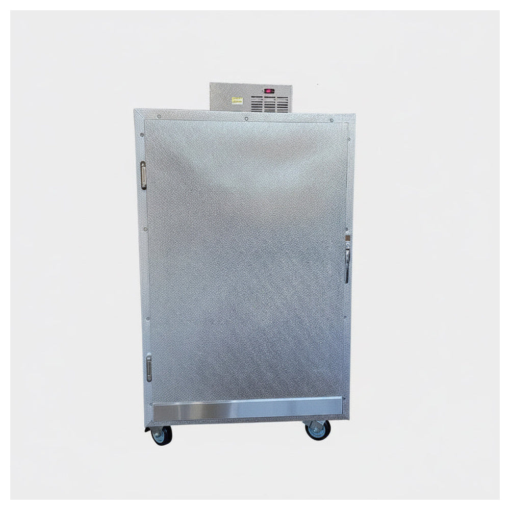 AMC 2BX-SHELL cabinet reference showing the installed door and jamb. Replacement door/jamb only; complete cooler, refrigeration and interior equipment are not included. Select the verified hinge handing.