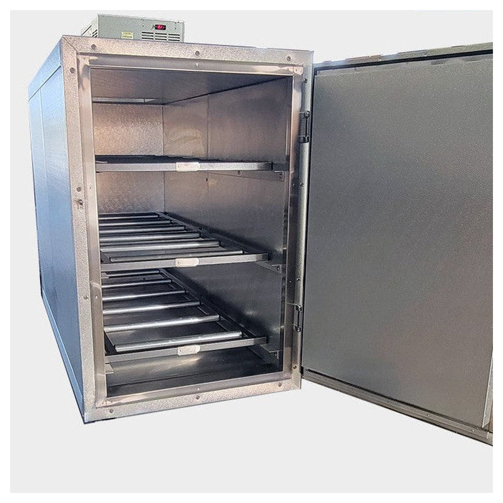 AMC 3BX cabinet reference showing the installed door and jamb. Replacement door/jamb only; complete cooler, refrigeration and interior equipment are not included. Select the verified hinge handing.