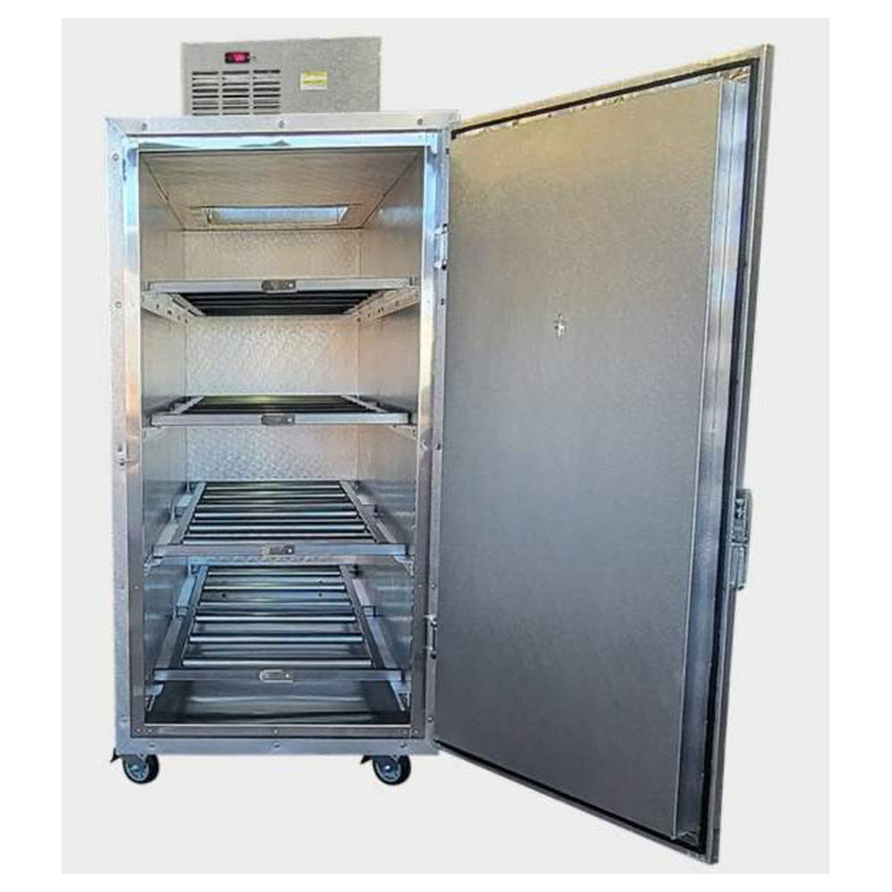 AMC 4BX cabinet reference showing the installed door and jamb. Replacement door/jamb only; complete cooler, refrigeration and interior equipment are not included. Select the verified hinge handing.