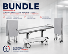 AMC complete mortuary prep room bundle — hydraulic embalming table with both standard and XL folding dressing tables | American Mortuary Coolers