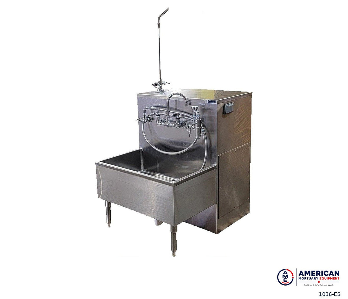 AME 1036-ES stainless steel embalming sink station with gooseneck faucet, hydro aspirator and spray hose