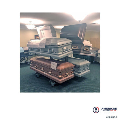 AME two-tier casket display racks in a funeral home showroom; caskets not included