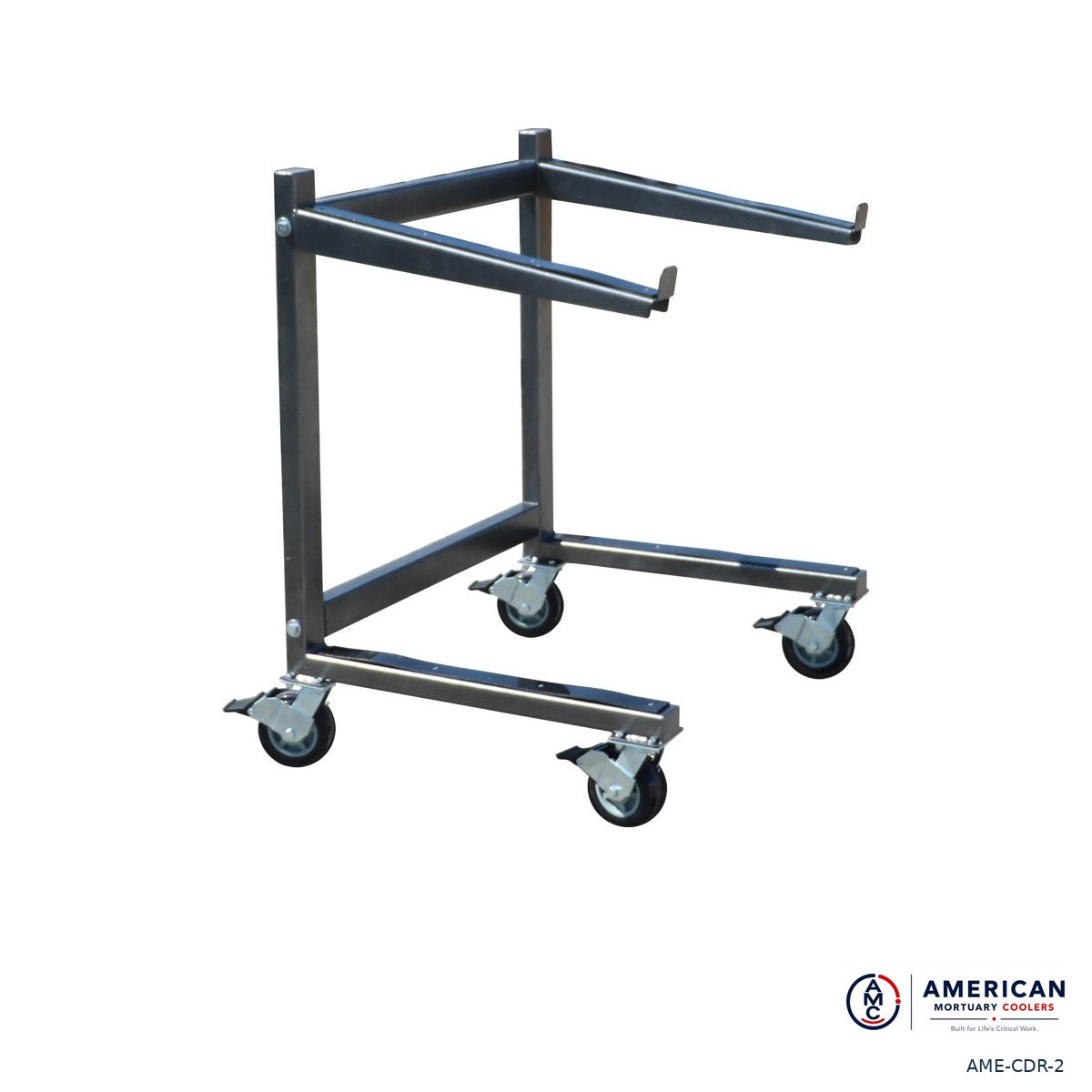 AME two-tier casket display rack, powder-coated steel frame and caster base on white