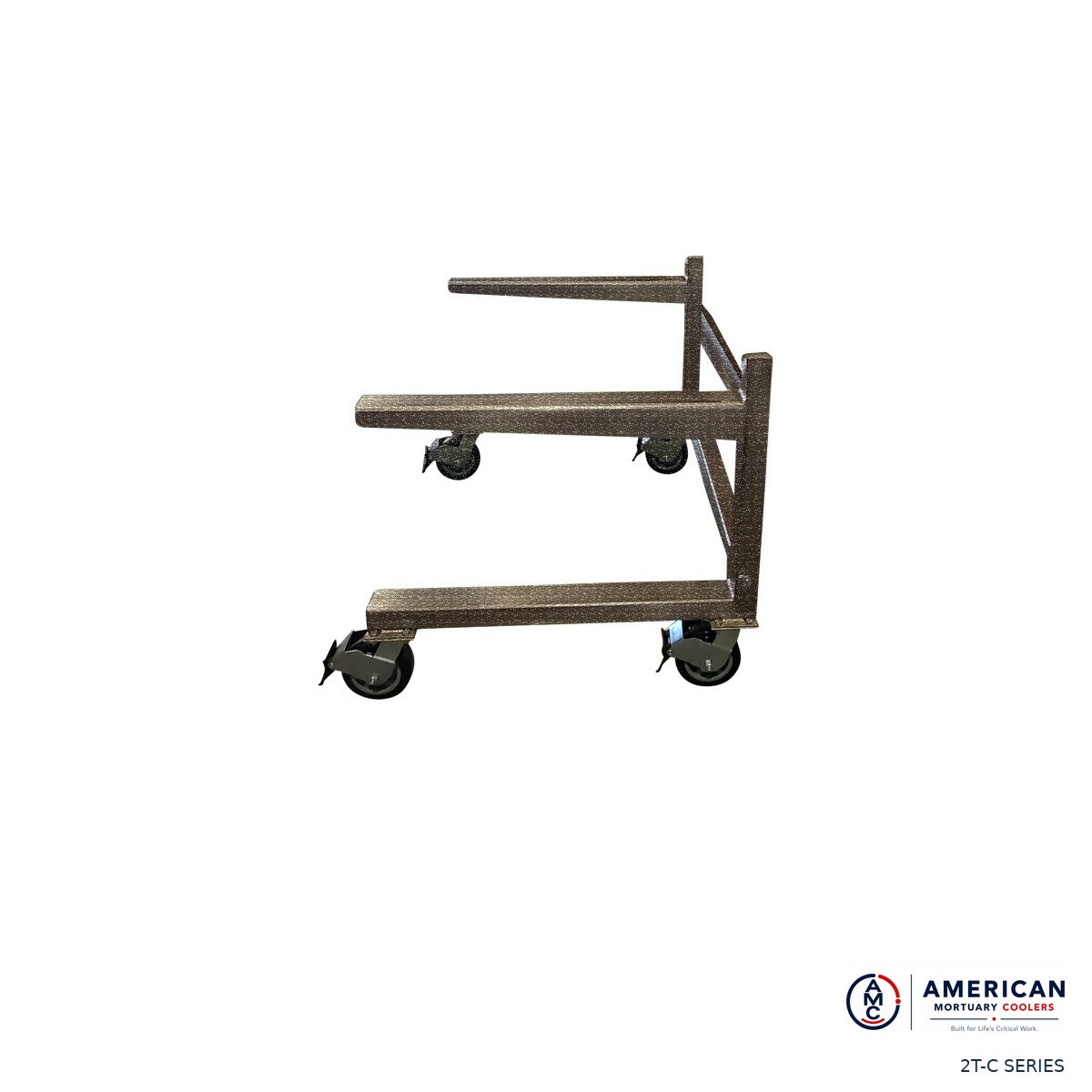 AME 2T-C two-tier cantilever mortuary cooler rack, real product photo on casters