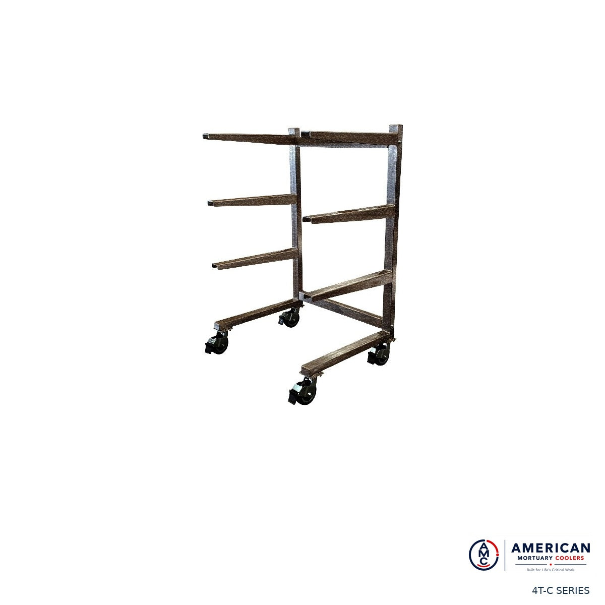 AME 4T-C four-tier cantilever mortuary cooler storage rack, real product photo