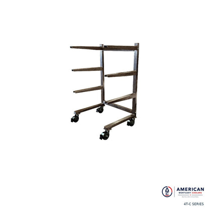 AME 4T-C four-tier cantilever mortuary cooler storage rack, real product photo
