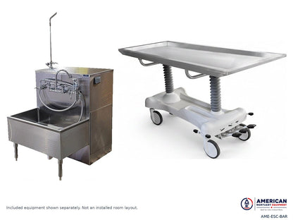 AME embalming system package with bariatric hydraulic table and 1036-ES stainless steel sink station; equipment shown separately