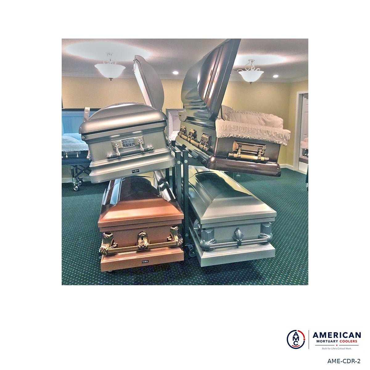 AME casket display rack two-level showroom layout, rear view; caskets not included