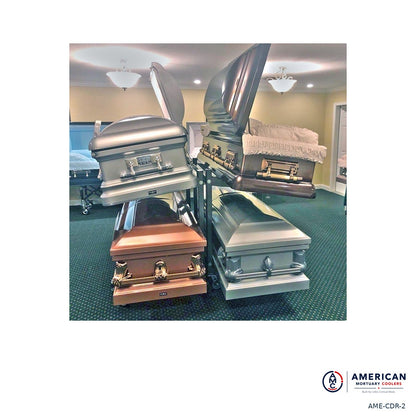 AME casket display rack two-level showroom layout, rear view; caskets not included