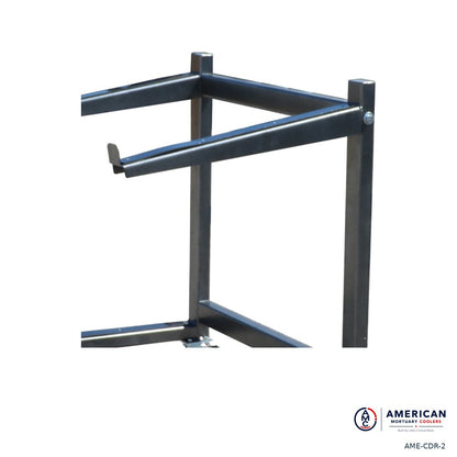 AME two-tier casket display rack, close-up of upper support arms and bolted uprights