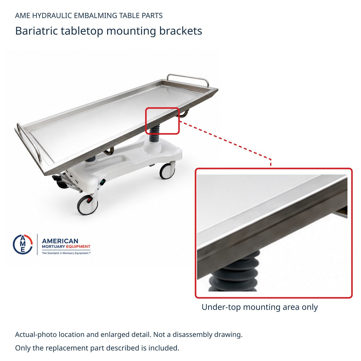 Under-top mounting area on the AME bariatric embalming table; installed bracket-location reference, not removed brackets